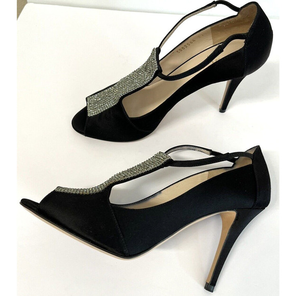 ESCADA Crystal Jeweled Satin T-Strap Heeled Shoes Size 39.5/9 US Peep Toe - Picture 7 of 13